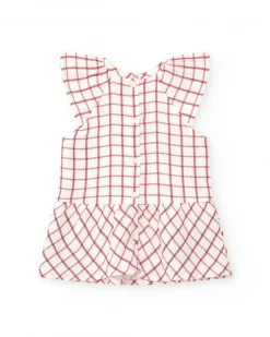 Vestido blanco de cuadros rojos con culetín rojo a juego
