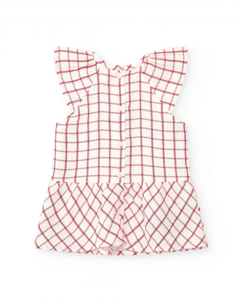 Vestido blanco de cuadros rojos con culetín rojo a juego