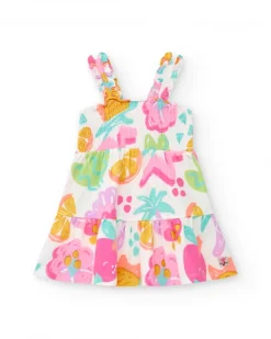 Vestido blanco para niña con estampado floral y tirantes fruncidos
