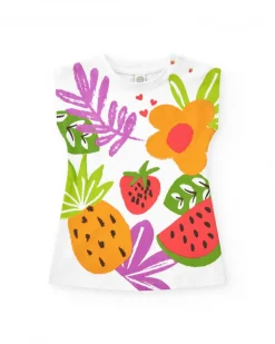 Vestido blanco sin mangas para niña con estampado tropical
