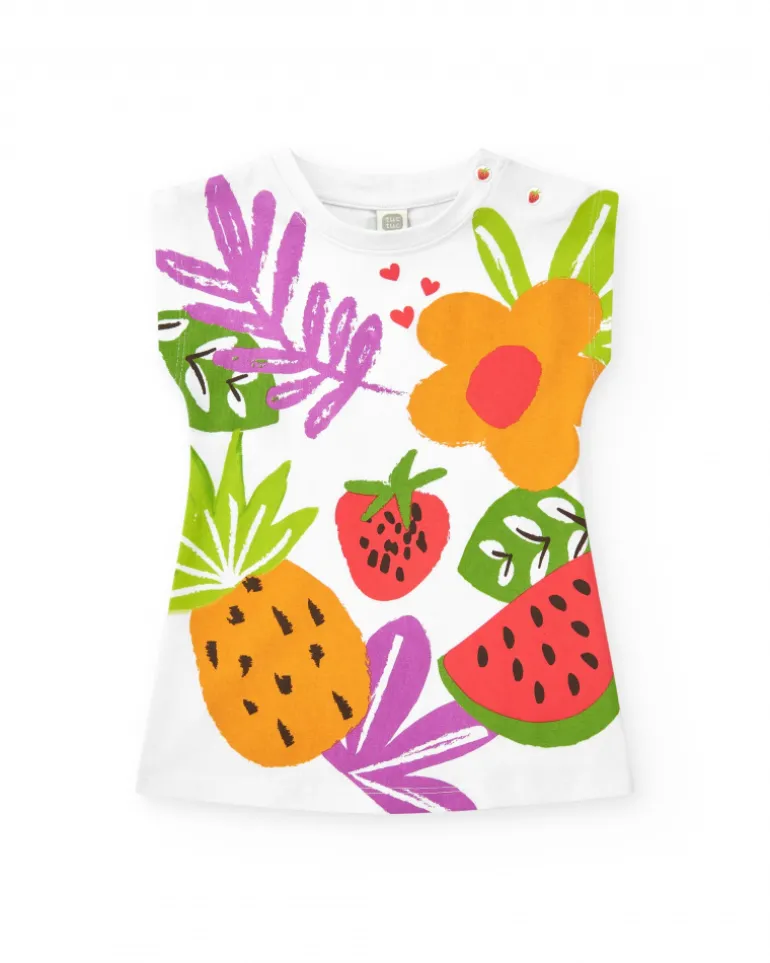 Vestido blanco sin mangas para niña con estampado tropical