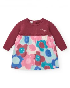Vestido combinado para niña en burdeos con falda estampada floral colección Hedgehog Forest