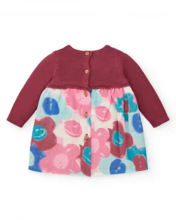 Vestido combinado para niña en burdeos con falda estampada floral colección Hedgehog Forest