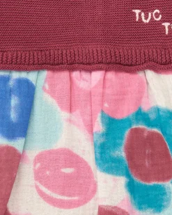 Vestido combinado para niña en burdeos con falda estampada floral colección Hedgehog Forest