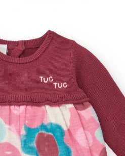 Vestido combinado para niña en burdeos con falda estampada floral colección Hedgehog Forest