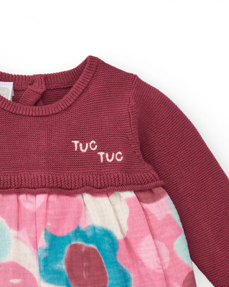 Vestido combinado para niña en burdeos con falda estampada floral colección Hedgehog Forest