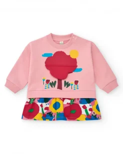 Vestido de felpa niña en rosa con detalle de árbol 3D y estampado floral Happy Garden