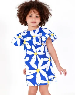 Vestido de plana para niña en azul con volantes y estampado floral