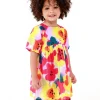 Vestido de plana para niña en lila con flores amarillas y rosas y mangas abullonadas