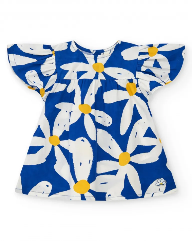 Vestido de plana para niña en azul con volantes y estampado floral