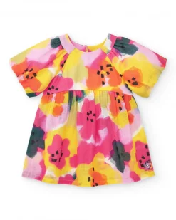 Vestido de plana para niña en lila con flores amarillas y rosas y mangas abullonadas