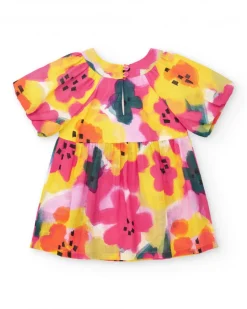 Vestido de plana para niña en lila con flores amarillas y rosas y mangas abullonadas