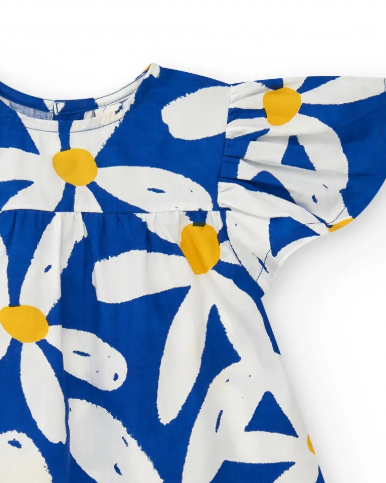 Vestido de plana para niña en azul con volantes y estampado floral