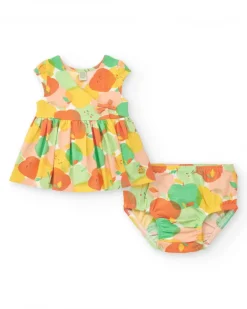 Vestido de punto para niña con manzanas y lazo decorativo