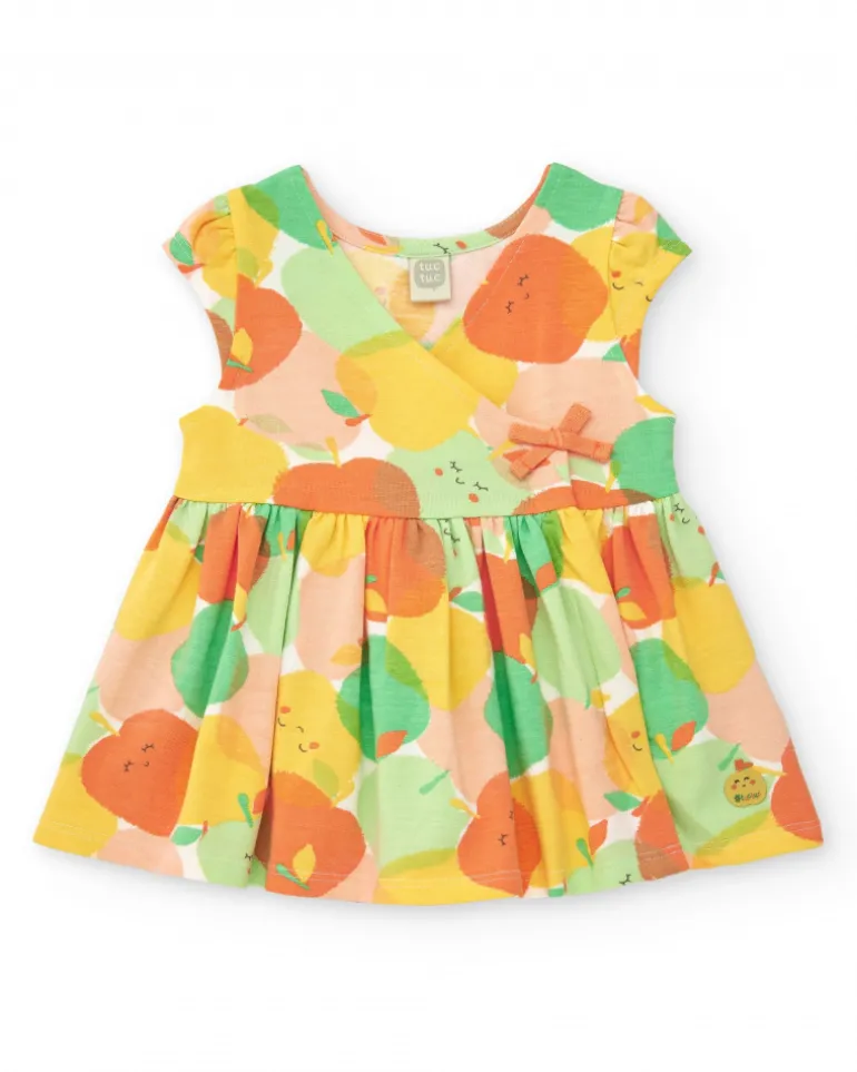 Vestido de punto para niña con manzanas y lazo decorativo