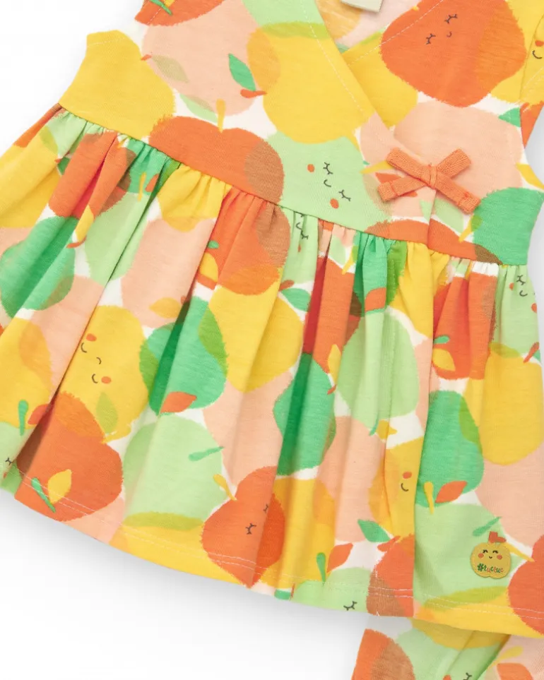 Vestido de punto para niña con manzanas y lazo decorativo