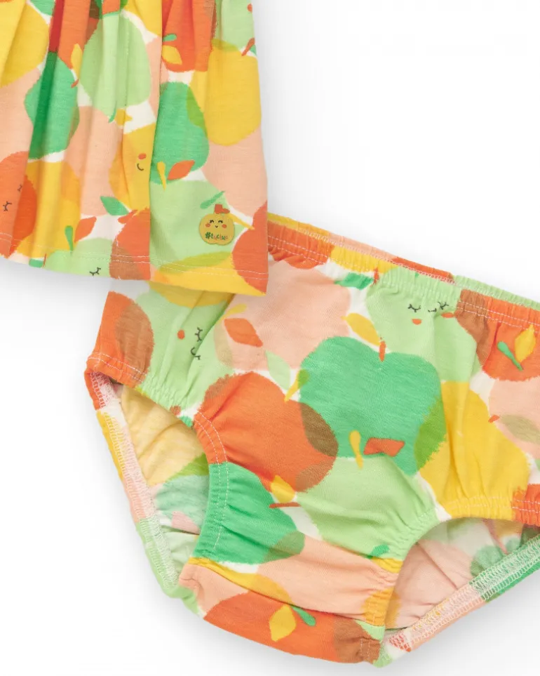 Vestido de punto para niña con manzanas y lazo decorativo