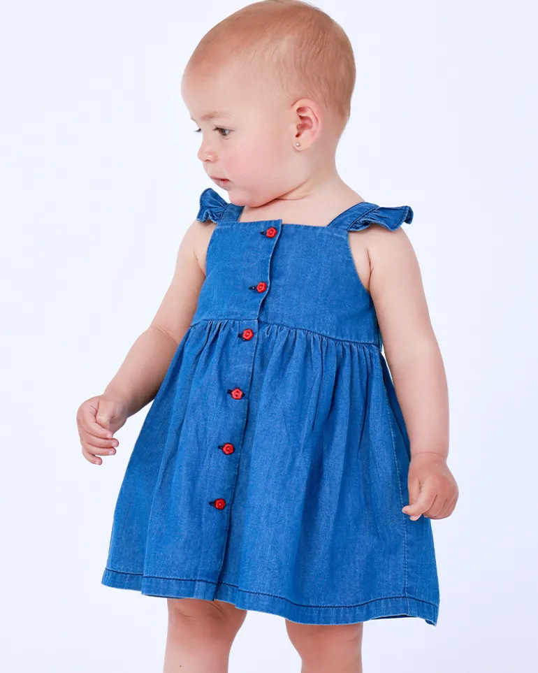 Vestido denim para niña con volantes y botones rojos