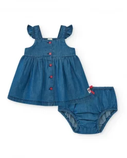 Vestido denim para niña con volantes y botones rojos