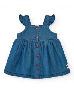 Vestido denim para niña con volantes y botones rojos