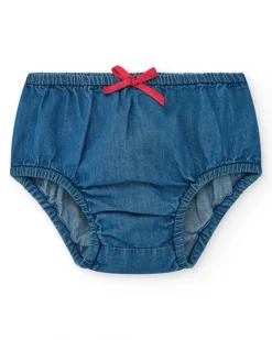 Vestido denim para niña con volantes y botones rojos