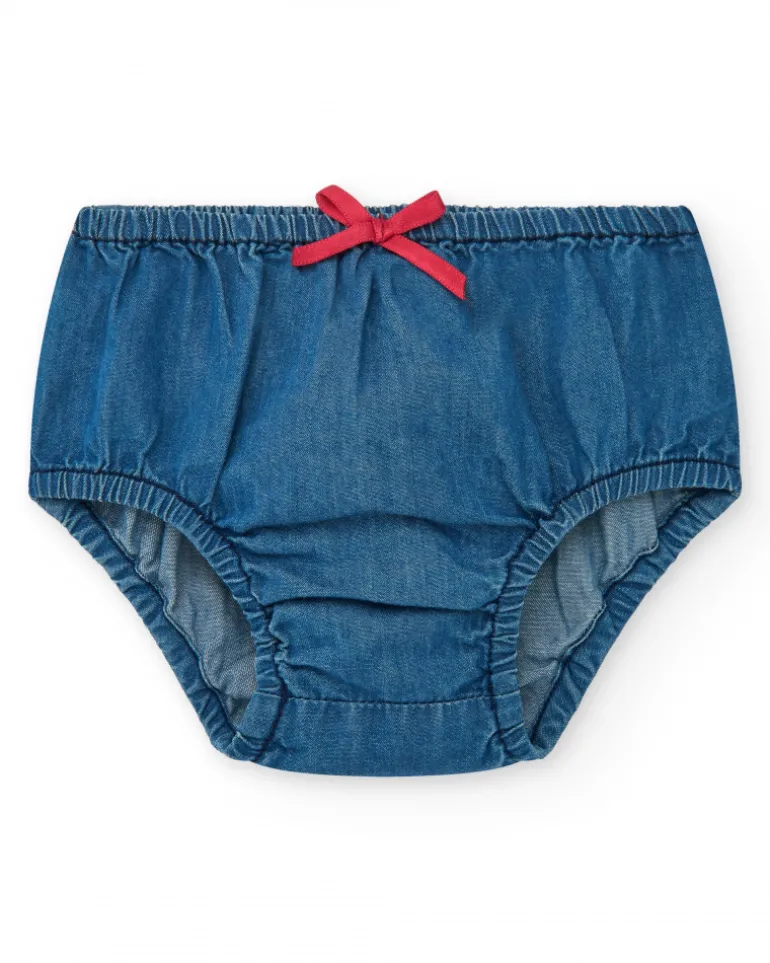 Vestido denim para niña con volantes y botones rojos