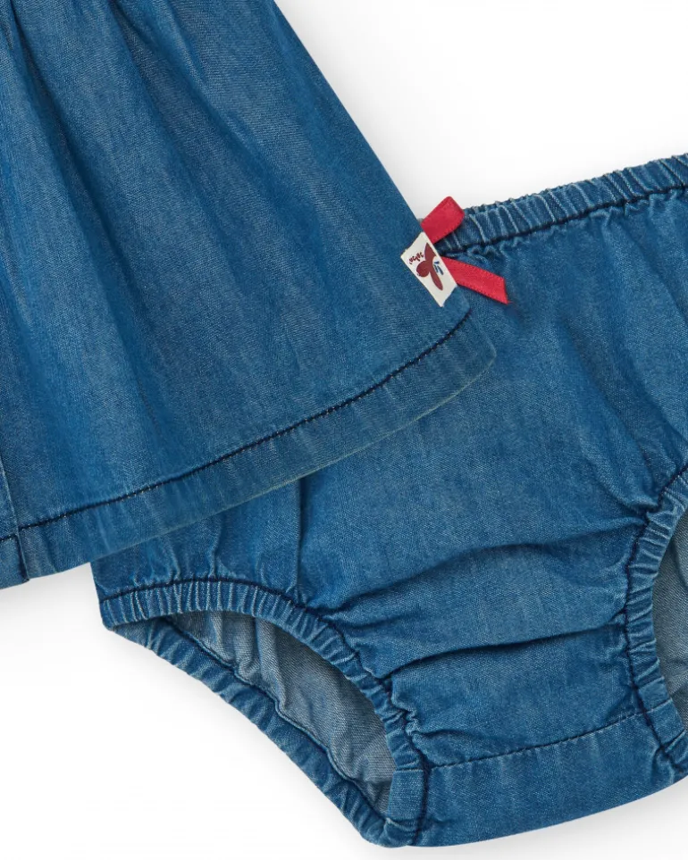 Vestido denim para niña con volantes y botones rojos