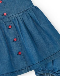 Vestido denim para niña con volantes y botones rojos