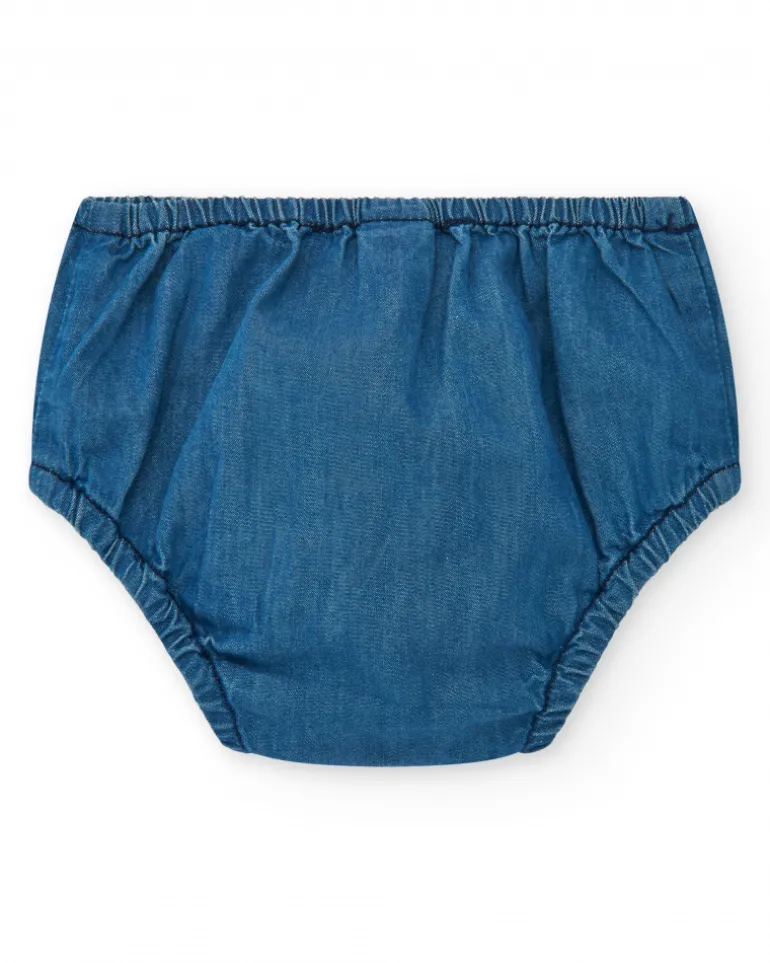 Vestido denim para niña con volantes y botones rojos