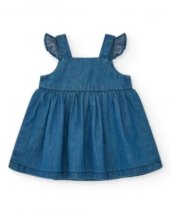 Vestido denim para niña con volantes y botones rojos