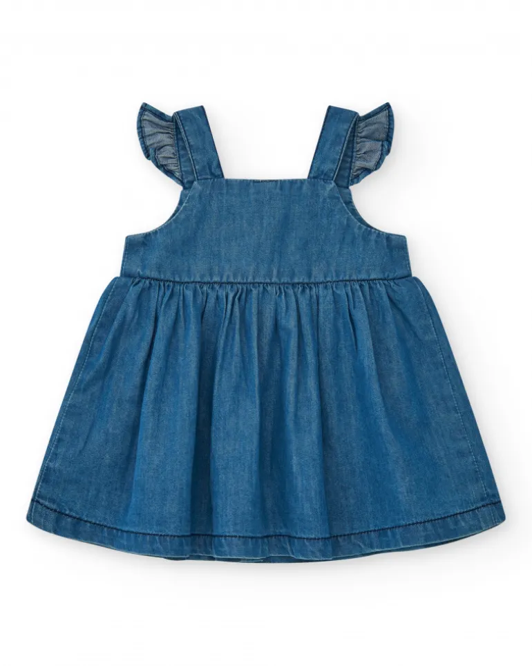 Vestido denim para niña con volantes y botones rojos