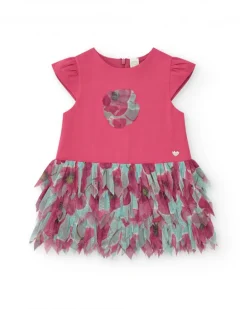 Vestido fucsia para niña con flor y falda de tul