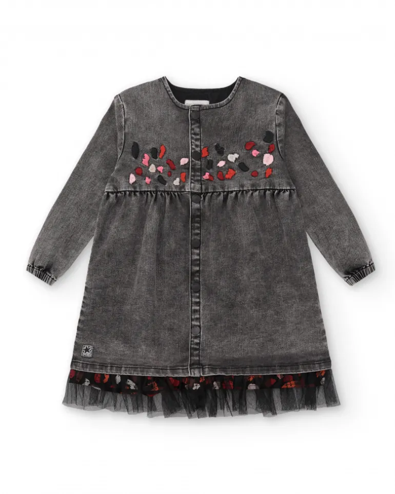 Vestido gris denim con detalles bordados para niña colección Dark and Roses