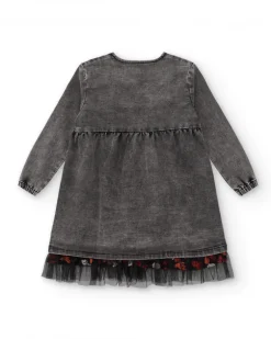 Vestido gris denim con detalles bordados para niña colección Dark and Roses