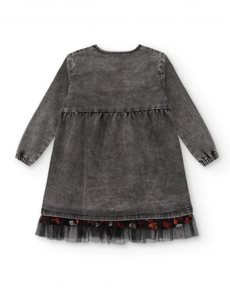 Vestido gris denim con detalles bordados para niña colección Dark and Roses