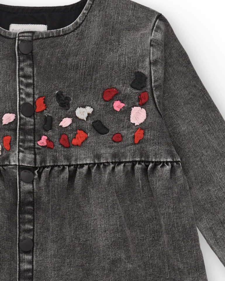Vestido gris denim con detalles bordados para niña colección Dark and Roses