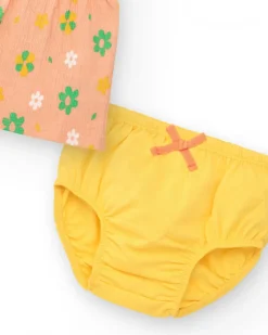 Vestido melocotón para niña con estampado floral y tirantes anudados