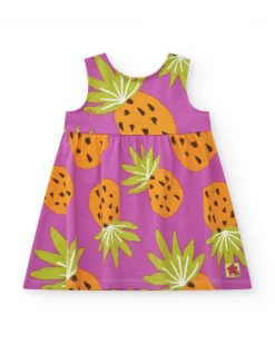 Vestido morado para niña con estampado de piñas tropicales