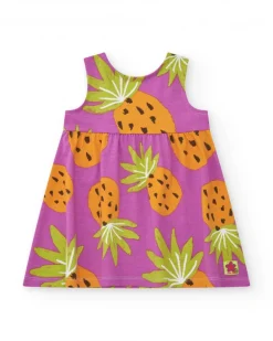 Vestido morado para niña con estampado de piñas tropicales