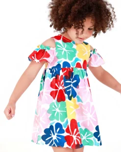 Vestido para niña con estampado floral y hombros descubiertos