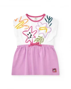 Vestido para niña con top blanco floral y falda lila con lazo