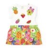 Vestido para niña con top blanco bordado y falda de frutas tropicales