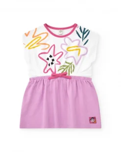 Vestido para niña con top blanco floral y falda lila con lazo