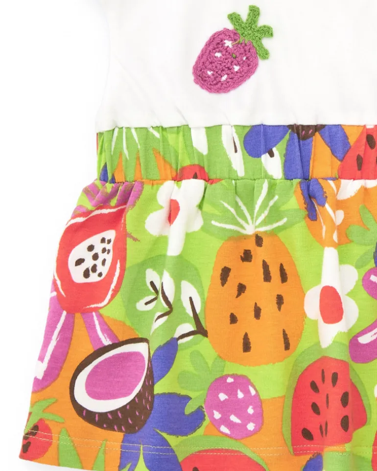 Vestido para niña con top blanco bordado y falda de frutas tropicales
