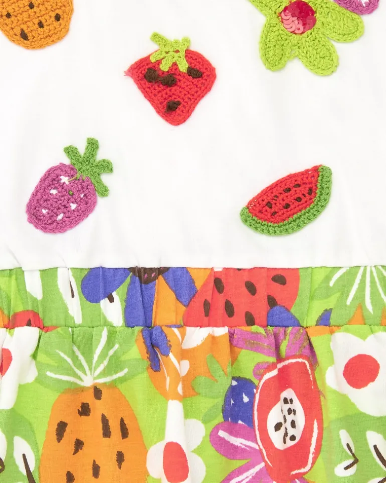 Vestido para niña con top blanco bordado y falda de frutas tropicales