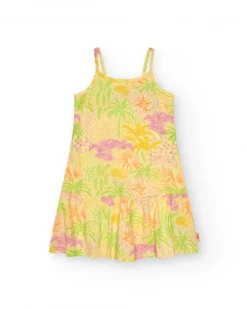 Vestido para niña en amarillo con tirantes y estampado tropical