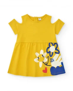 Vestido para niña en amarillo con flores y hombros descubiertos