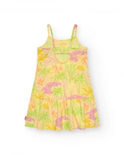 Vestido para niña en amarillo con tirantes y estampado tropical