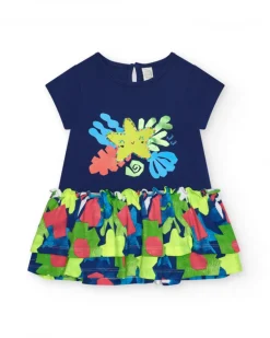 Vestido para niña en azul con estrella amarilla y falda floral