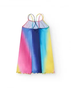 Vestido para niña en azul y rosa con tirantes finos